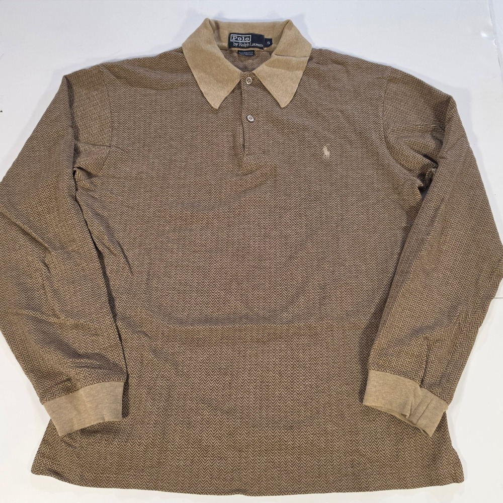 Polo Ralph Lauren Mens Small Brown Herringbone Long Sleeve Polo Shirt Cotton Vtg
